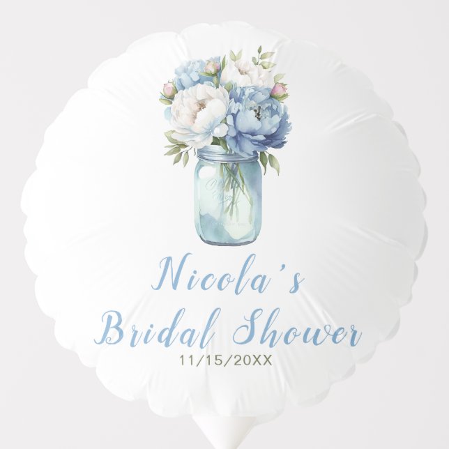 Blue Peonies Mason Jar Bridal Shower Balloon (Front)