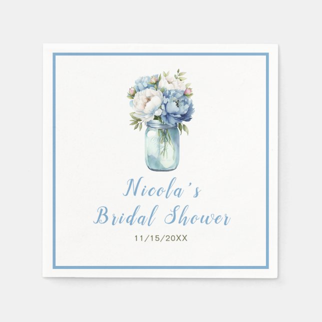 Blue Peonies Mason Jar Bridal Shower Napkins (Front)