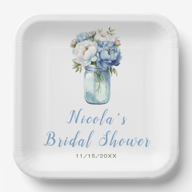 Blue Peonies Mason Jar Bridal Shower Paper Plates (Front)