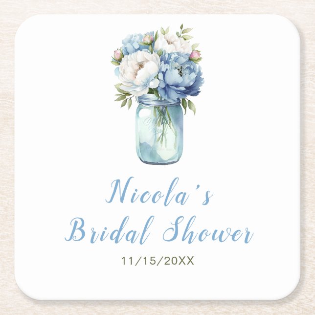 Blue Peonies Mason Jar Bridal Shower Square Paper Coaster (Front)