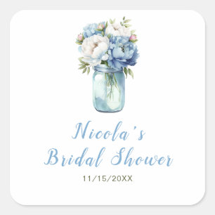 Blue Peonies Mason Jar Bridal Shower Square Sticker