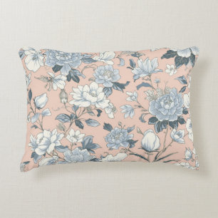 Blue Peonies Peach Botanical Vintage Floral Accent Pillow