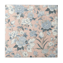 Blue Peonies Peach Botanical Vintage Floral