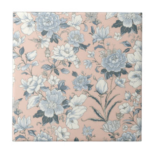 Blue Peonies Peach Botanical Vintage Floral Ceramic Tile