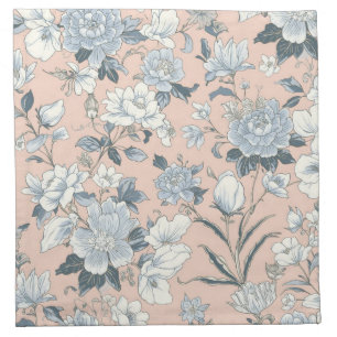 Blue Peonies Peach Botanical Vintage Floral Cloth Napkin