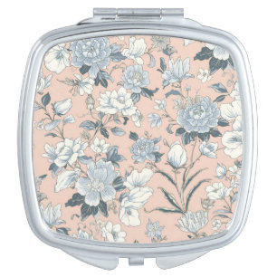 Blue Peonies Peach Botanical Vintage Floral Compact Mirror