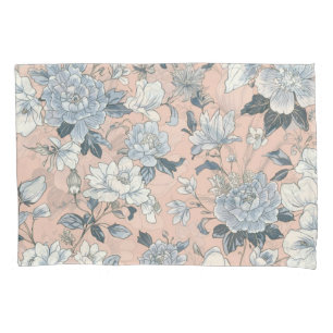 Blue Peonies Peach Botanical Vintage Floral Pillow Case