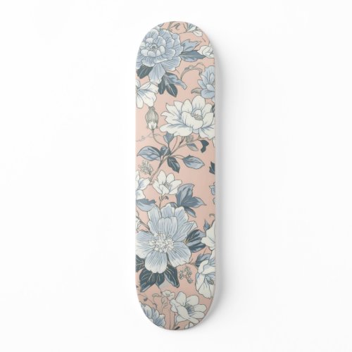 Blue Peonies Peach Botanical Vintage Floral Skateboard