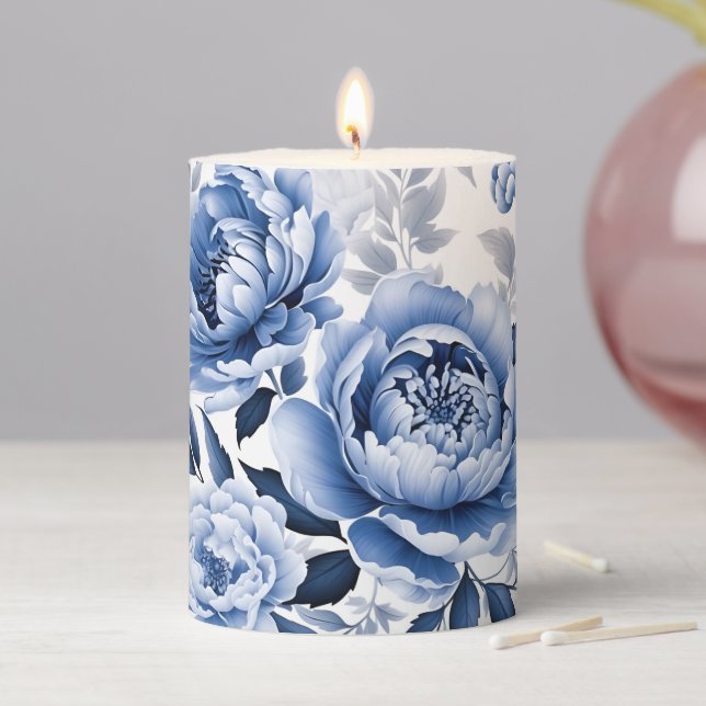 Blue Peonies Pillar Candle (In Situ)