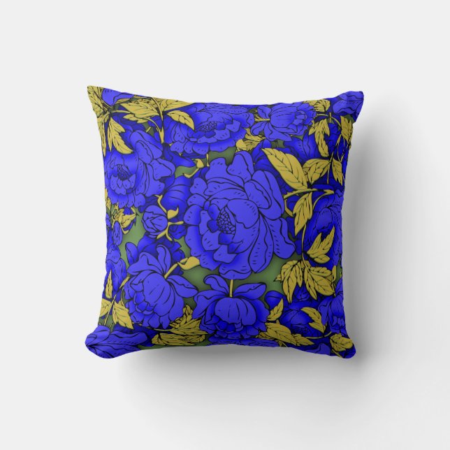 Blue Peonies Throw Pillow (Front)