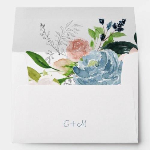 Blue peonies watercolor monogrammed wedding envelope