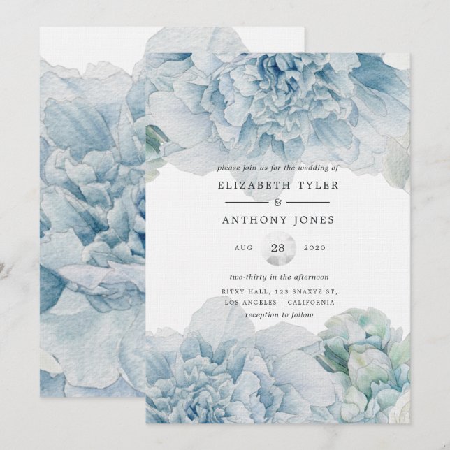Blue Peonies Wedding Invitation (Front/Back)