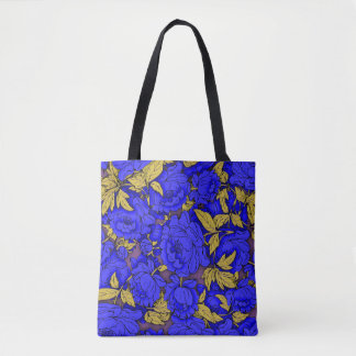 Blue Peonies with Gold Leaves Tote Bag