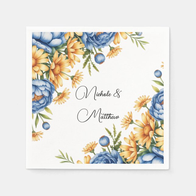 Blue Peony and Yellow Daisies Arrangement Wedding Napkins (Front)