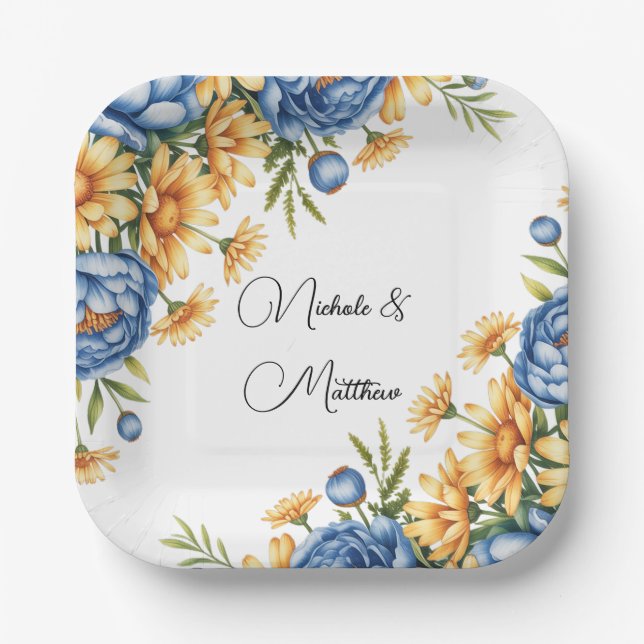 Blue Peony and Yellow Daisies Arrangement Wedding Paper Plates (Front)