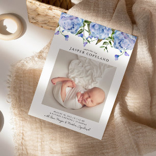 Blue Peony Baby Photo Birth Announcement