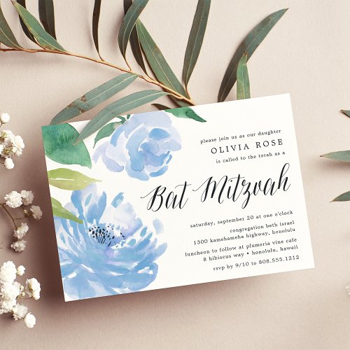 Blue Peony  Bat Mitzvah Invitation