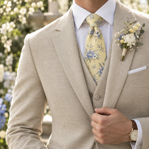 Blue Peony Butter Yellow Floral Neck Tie