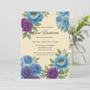 Blue Peony & Fig Purple Rose Bachelorette Party Invitation