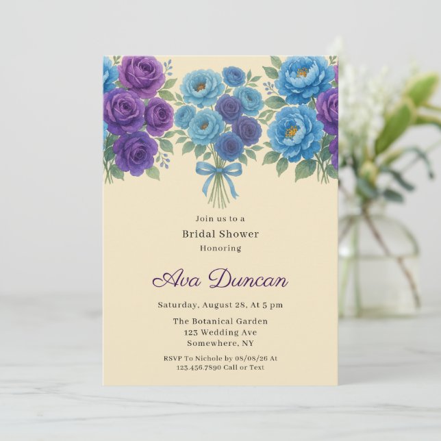 Blue Peony & Fig Purple Rose Bridal Shower Invitation (Standing Front)