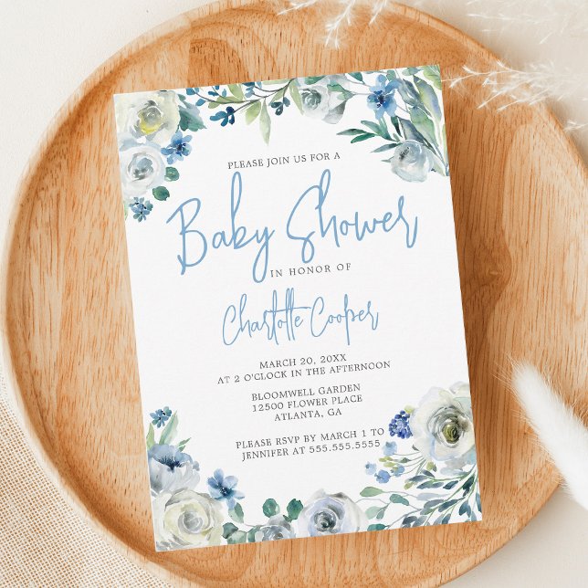 Blue Peony Floral Chic Spring Garden Baby Shower Invitation (Creator Uploaded)