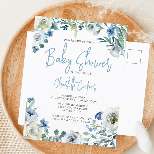 Blue Peony Floral Chic Spring Garden Baby Shower Invitation Postcard