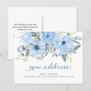 Blue Peony Floral My New Address Announcement Postcard
