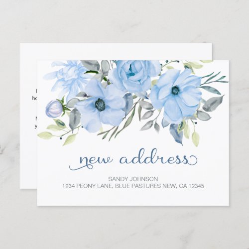 Blue Peony Floral My New Address Announcement Postcard