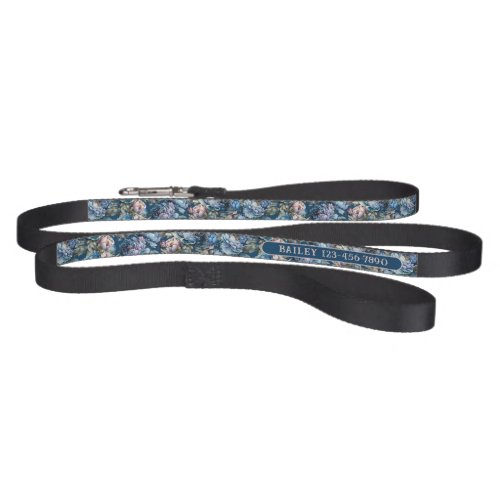 Blue peony floral pattern flowers name phone pet leash