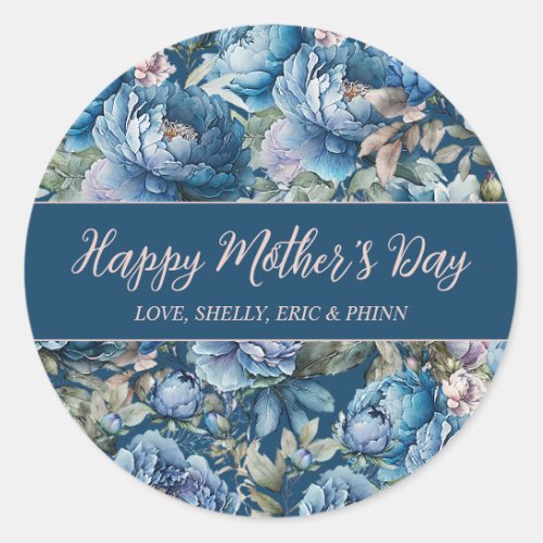 Blue peony floral pattern Happy Mothers Day Classic Round Sticker