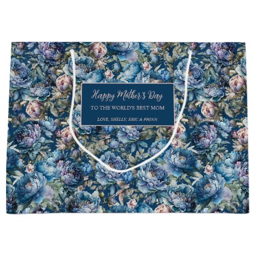 Blue peony floral pattern Happy Mothers Day Large Gift Bag
