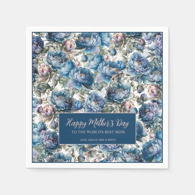 Blue peony floral pattern Happy Mother's Day Napkins (Front)