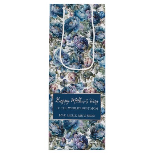 Blue peony floral pattern Happy Mothers Day Wine Gift Bag