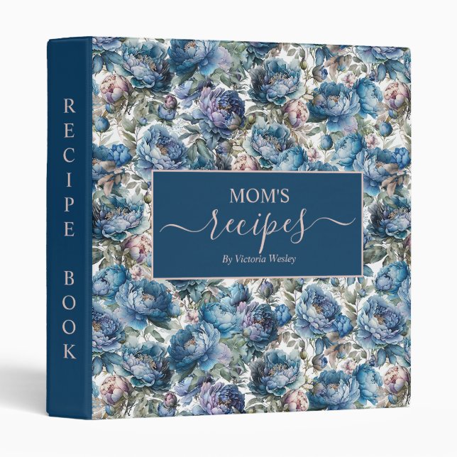 Blue peony floral pattern Mom's recipes book 3 Ring Binder (Front/Spine)