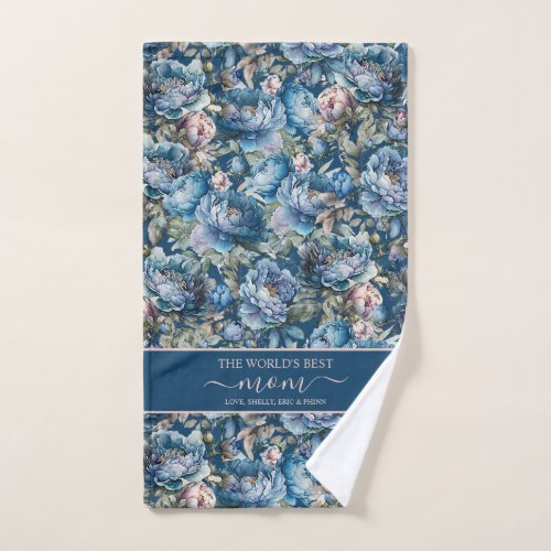 Blue peony floral pattern The worlds best mom Hand Towel