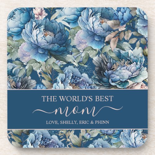 Blue peony floral pattern vintage flower garden beverage coaster