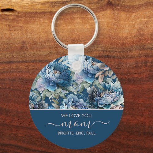 Blue peony floral pattern vintage flower garden keychain