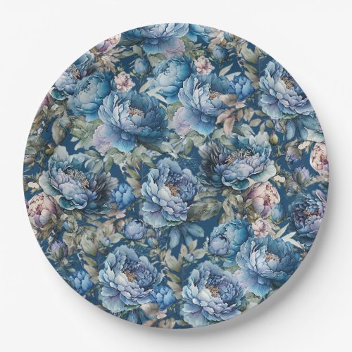 Blue peony floral pattern vintage flower garden paper plates