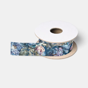 Blue peony floral pattern vintage flower garden satin ribbon