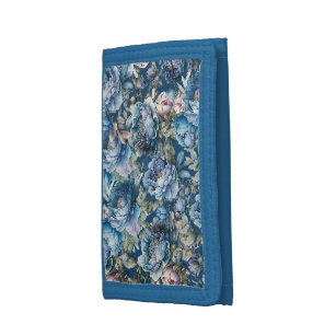 Blue peony floral pattern vintage flower garden trifold wallet