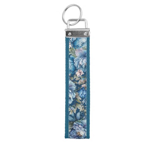 Blue peony floral pattern vintage flower garden wrist keychain