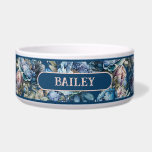 Blue peony floral pattern vintage flower name bowl<br><div class="desc">Blue peony floral pattern,  vintage flower garden with various shades of blues,  some blush and purple tones on teal blue background.
Vintage style,  botanical floral pattern.
You can transfer this design to any product on Zazzle.</div>
