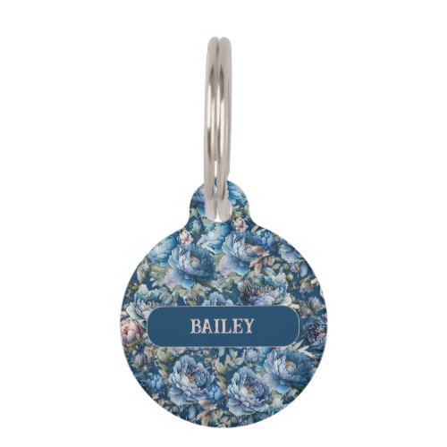 Blue peony floral pattern vintage flower name pet ID tag