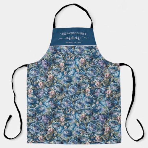 Blue peony floral pattern Worlds best mom Mother Apron