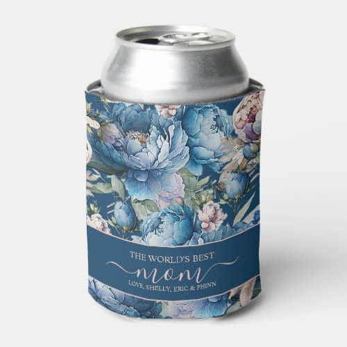 Blue peony floral pattern Worlds best mom Mother Can Cooler