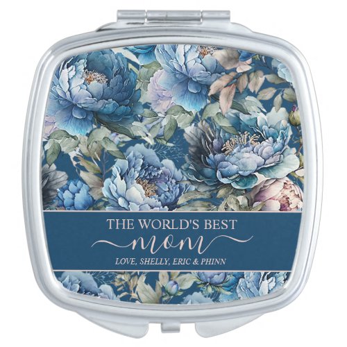 Blue peony floral pattern Worlds best mom Mother Compact Mirror