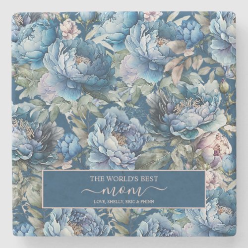 Blue peony floral pattern Worlds best mom Mother Stone Coaster