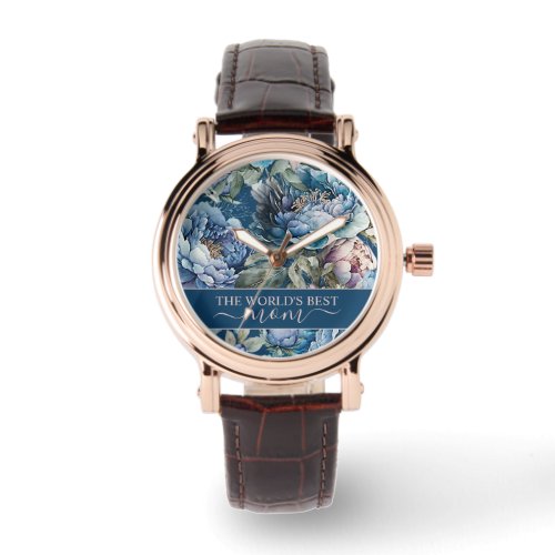 Blue peony floral pattern Worlds best mom Mother Watch