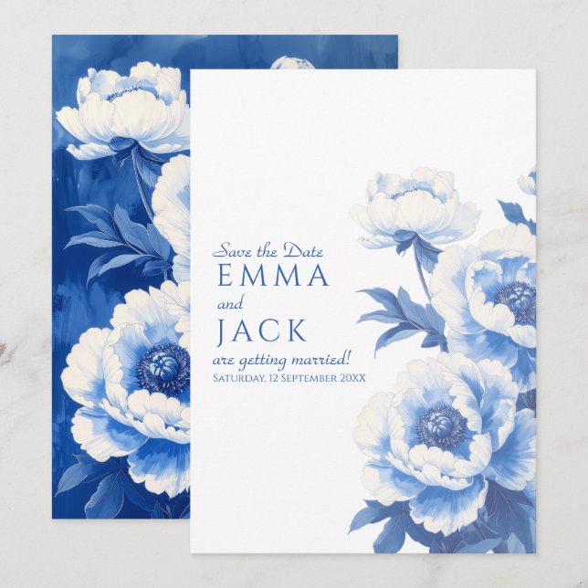 Blue Peony Floral Save the Date Wedding Invitation (Front/Back)