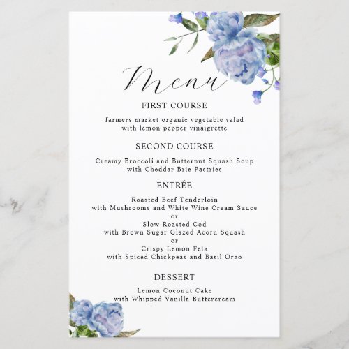 Blue Peony Flower Wedding Dinner Menu